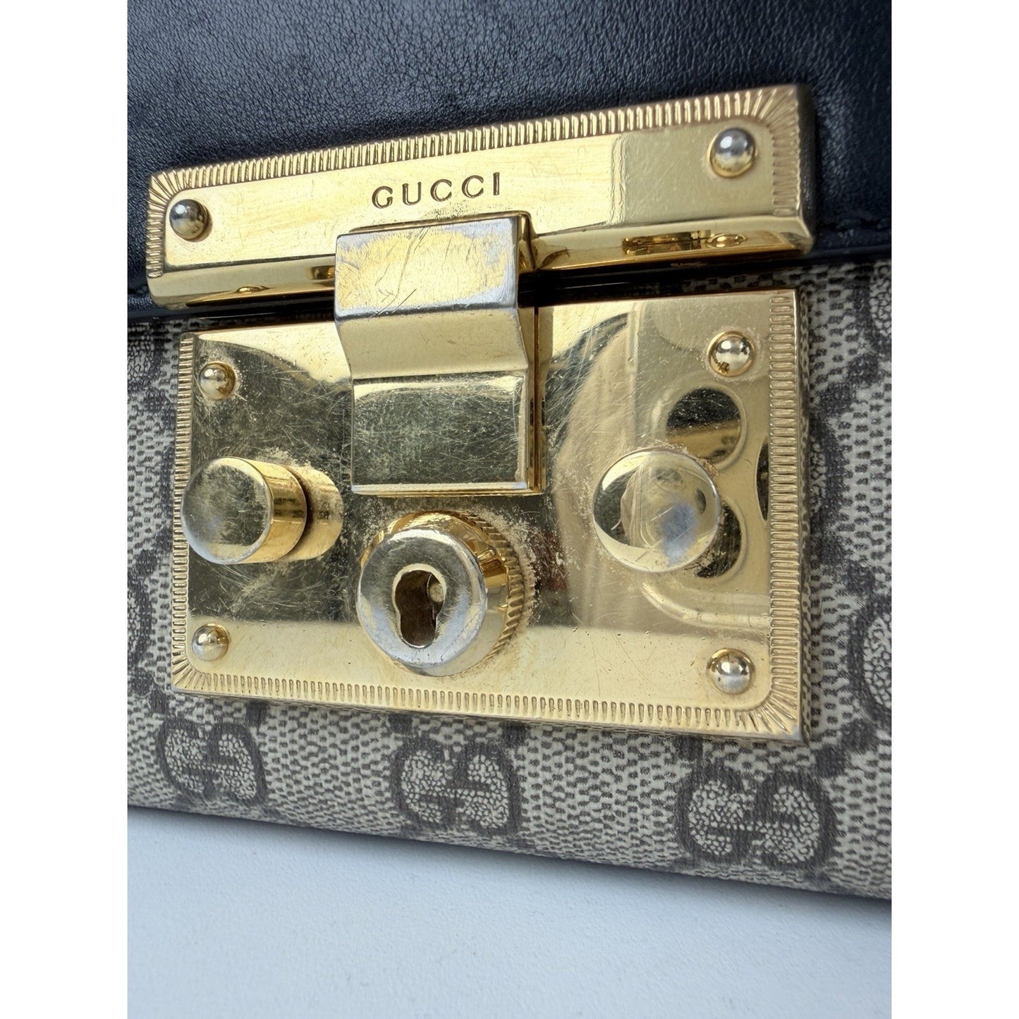 Gucci Padlock Small GG Supreme Shoulder Bag Beige Canvas and Black Leather S08
