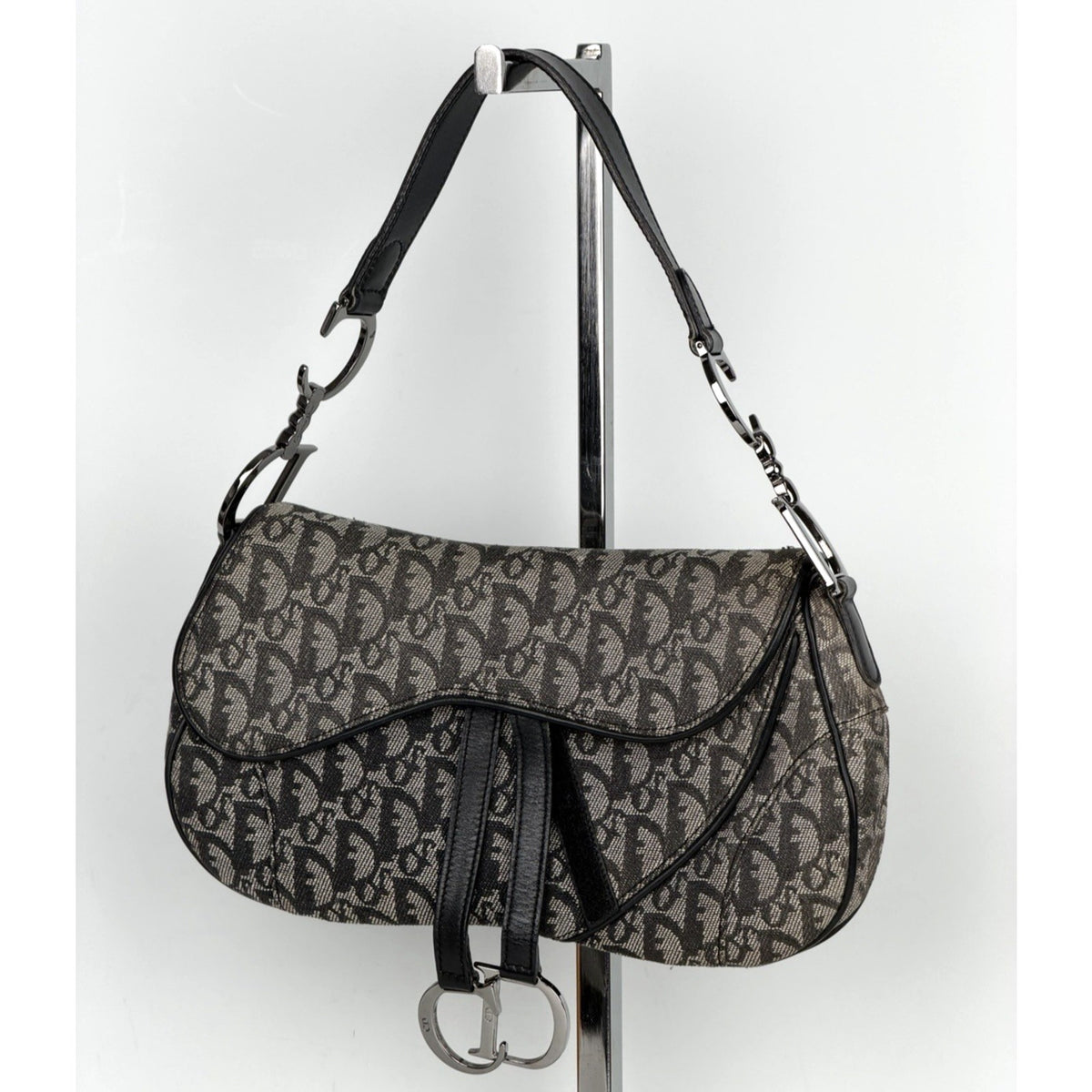 Christian Dior Monogram Double Saddle Bag Black Canvas Vintage John Galliano D4