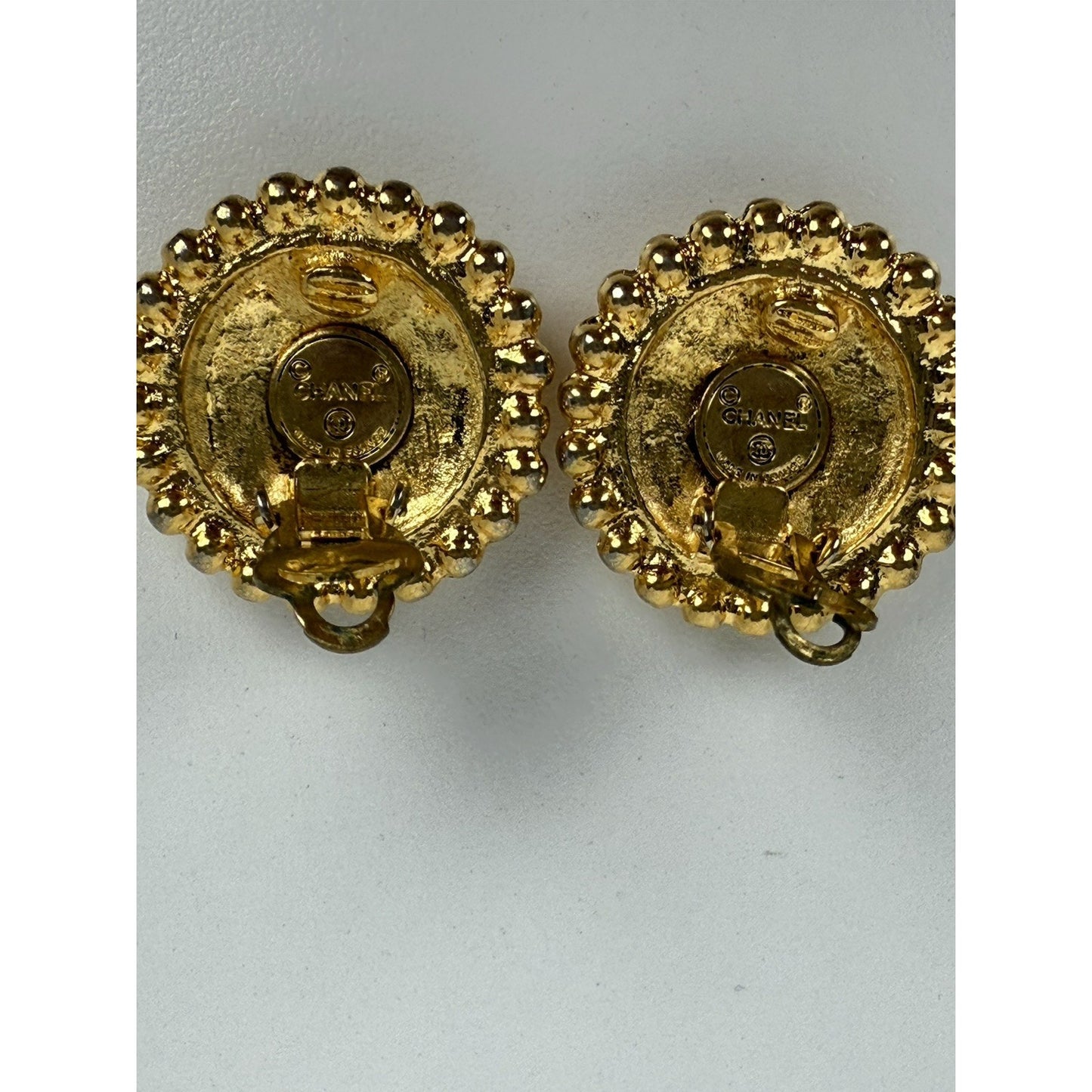 Chanel Vintage Woven Button Large Round Gold Tone Clip On Earrings