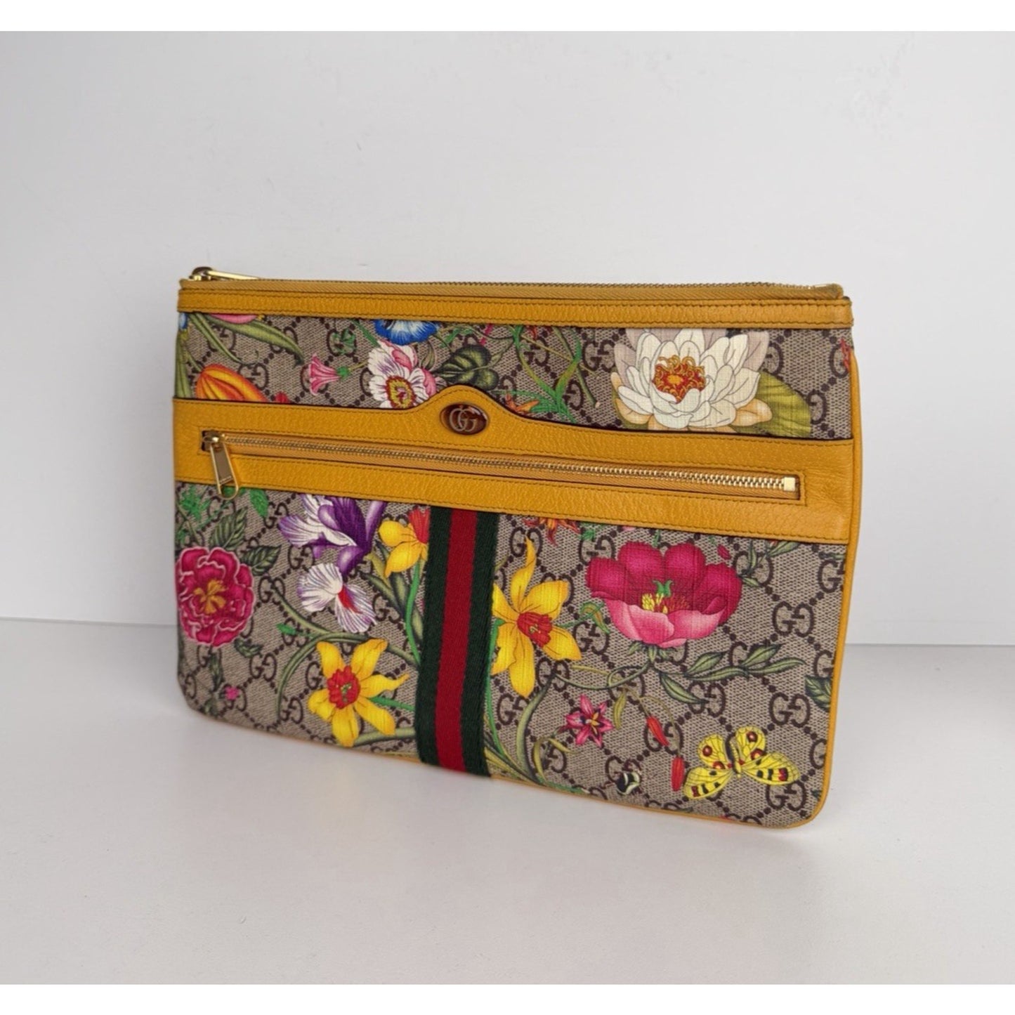 Gucci Large Ophidia Flora GG Pouch Bag in Canvas & Yellow Leather Trim S03