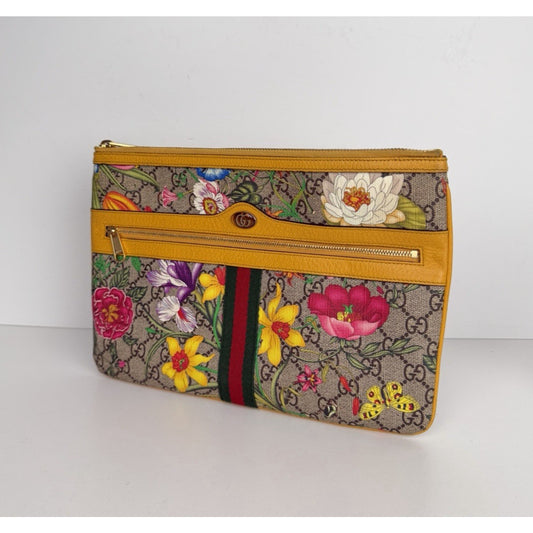 Gucci Large Ophidia Flora GG Pouch Bag in Canvas & Yellow Leather Trim S03