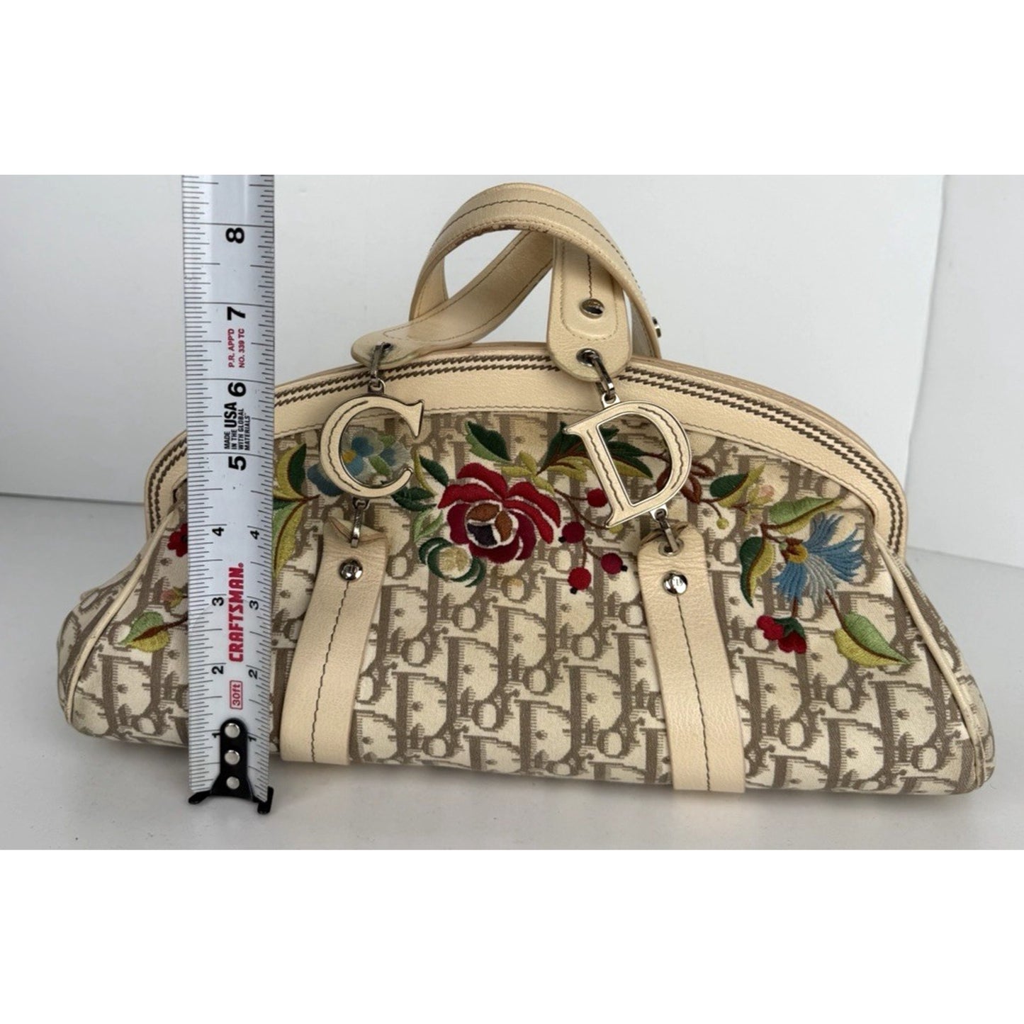 Christian Dior Trotter Bowling Bag Beige Diorissimo Canvas Floral Embroidered S7