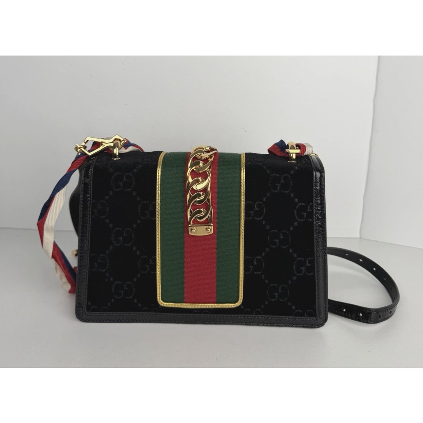 Gucci Sylvie Small Crossbody Bag in Black GG Velvet with Web S08
