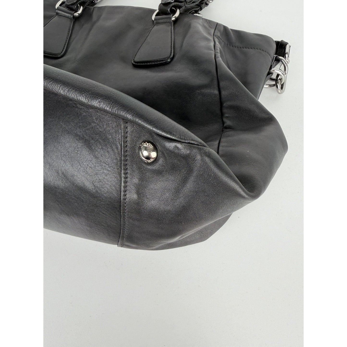 Prada Buckle L Bowler Two-Way Shoulder Bag in Black Soft Calfskin Leather S-07