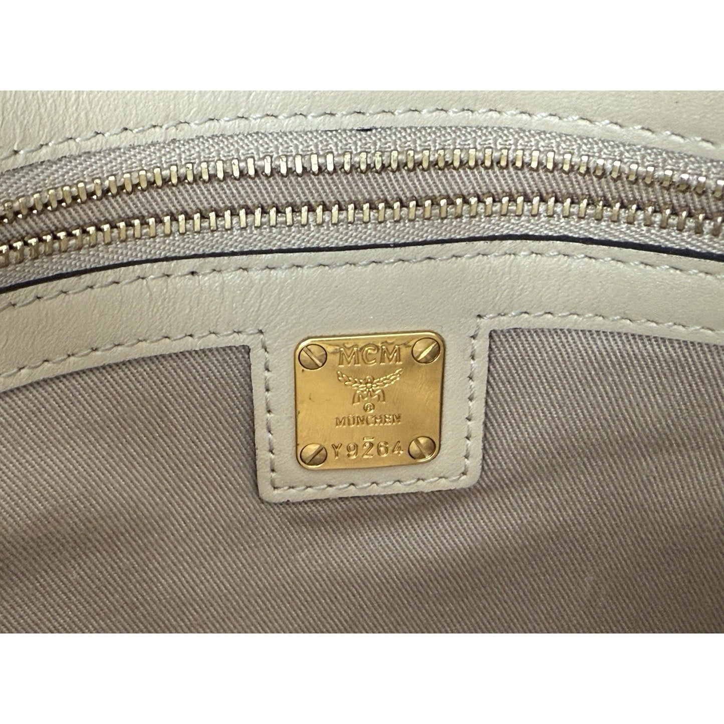 MCM Medium Rabbit Crossbody Pouch in Visetos Beige with Gold Hardware