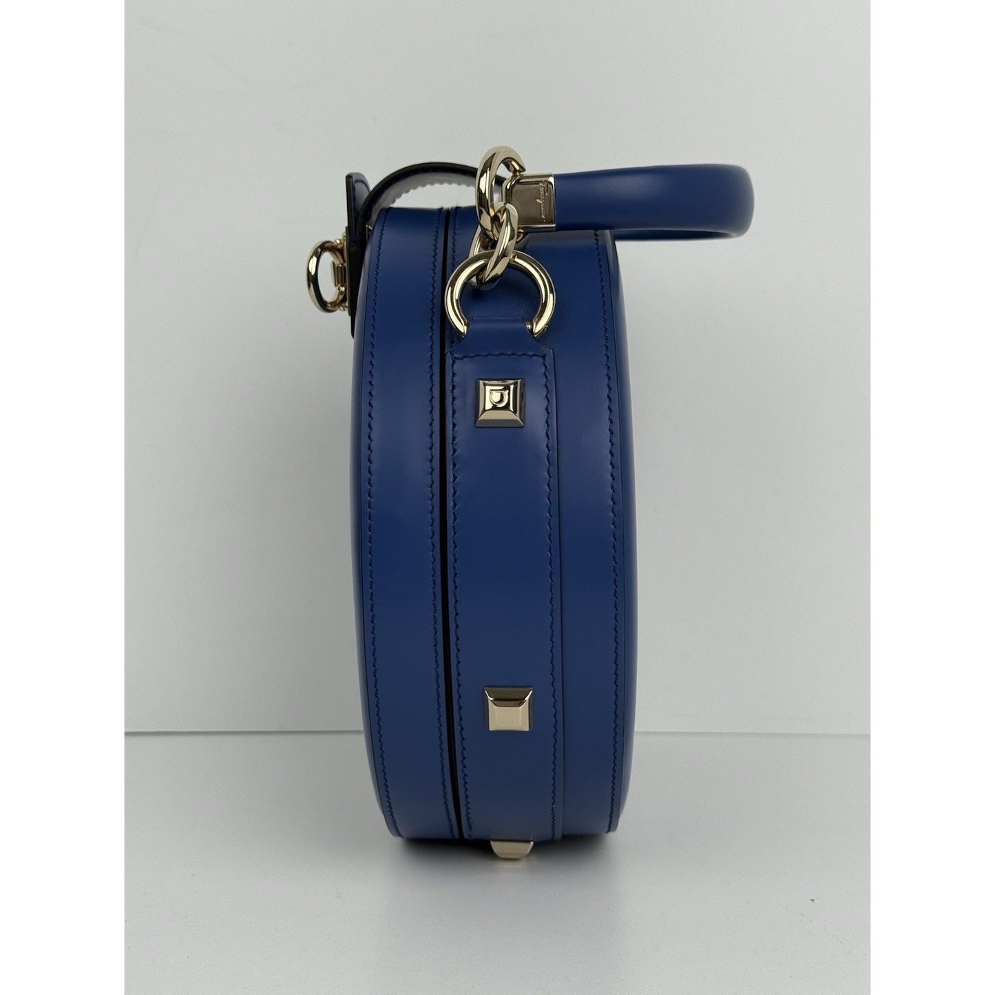 Salvatore Ferragamo Studio Round Bag Blue Leather with Gold Hardware