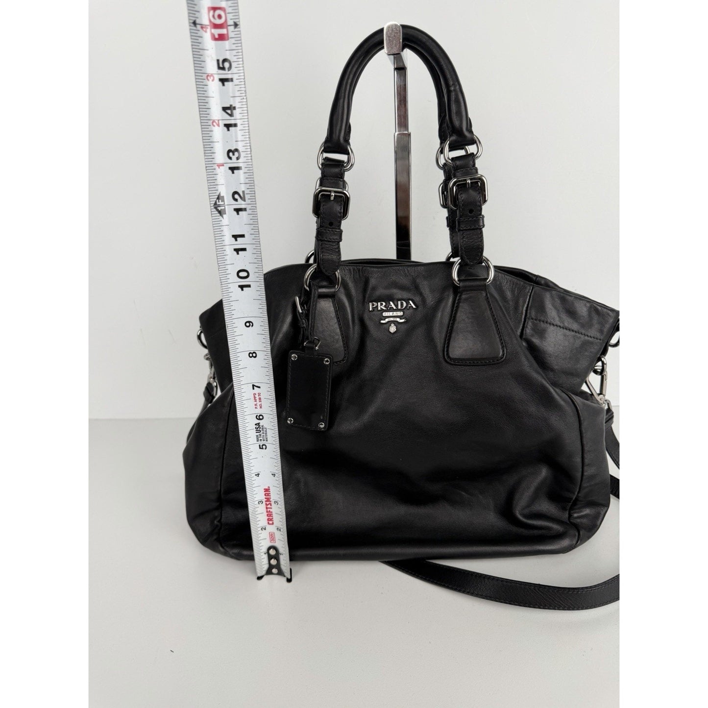 Prada Buckle L Bowler Two-Way Shoulder Bag in Black Soft Calfskin Leather S-07