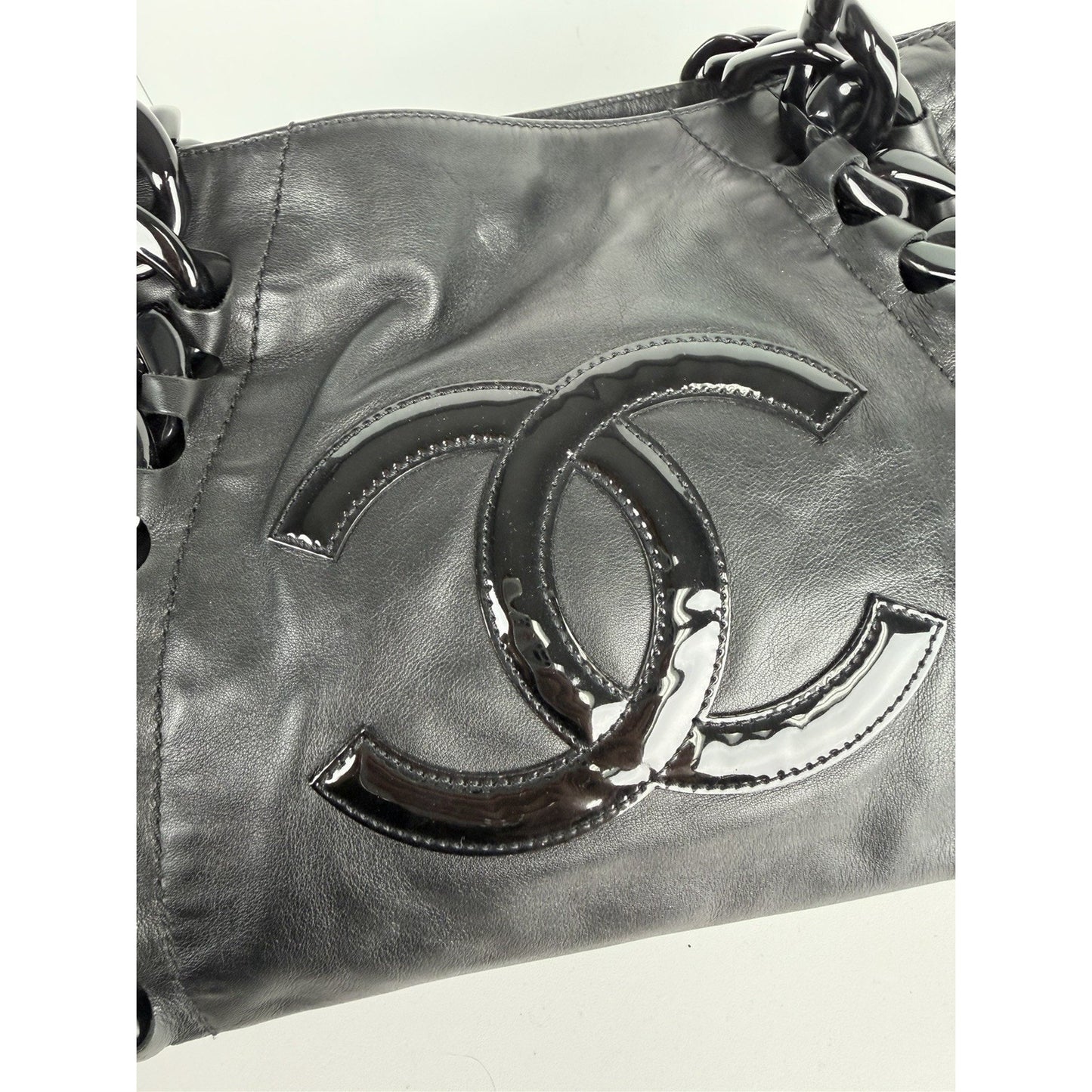 Chanel Modern East West Tote Bag Black Leather Rhodoid Chain 2006-2008 D-8