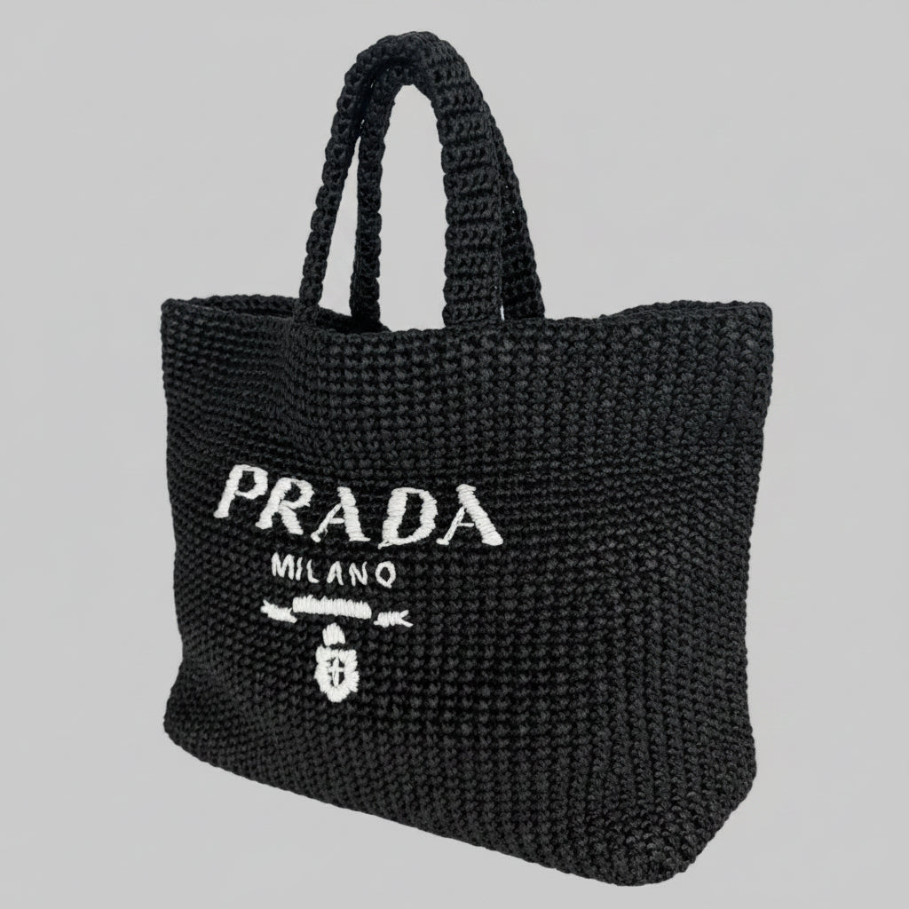 Prada Raffia Black Tote Bag with a White Embroidered Logo D3
