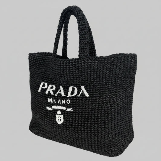 Prada Raffia Black Tote Bag with a White Embroidered Logo D3