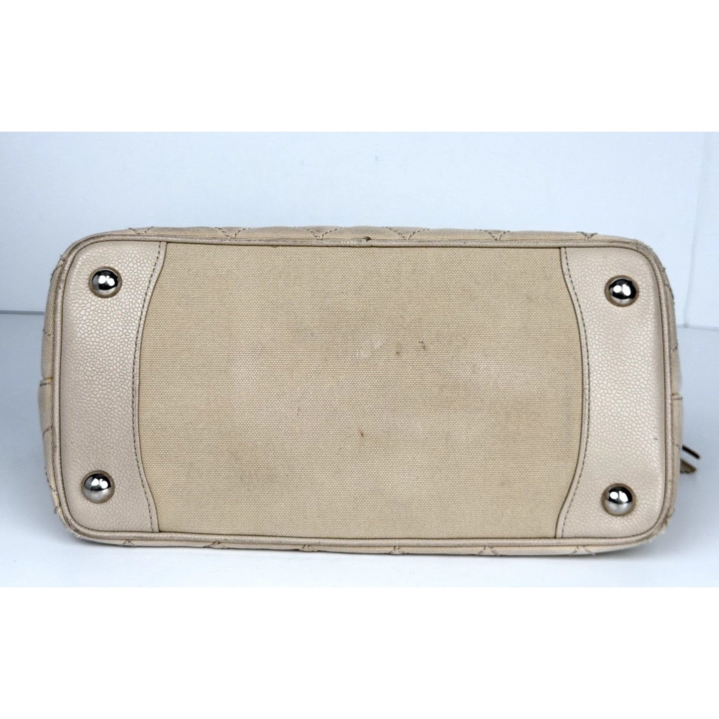 Chanel Quilted Caviar Logo and Canvas Medallion Tote Handbag Beige 2004-2005 C7