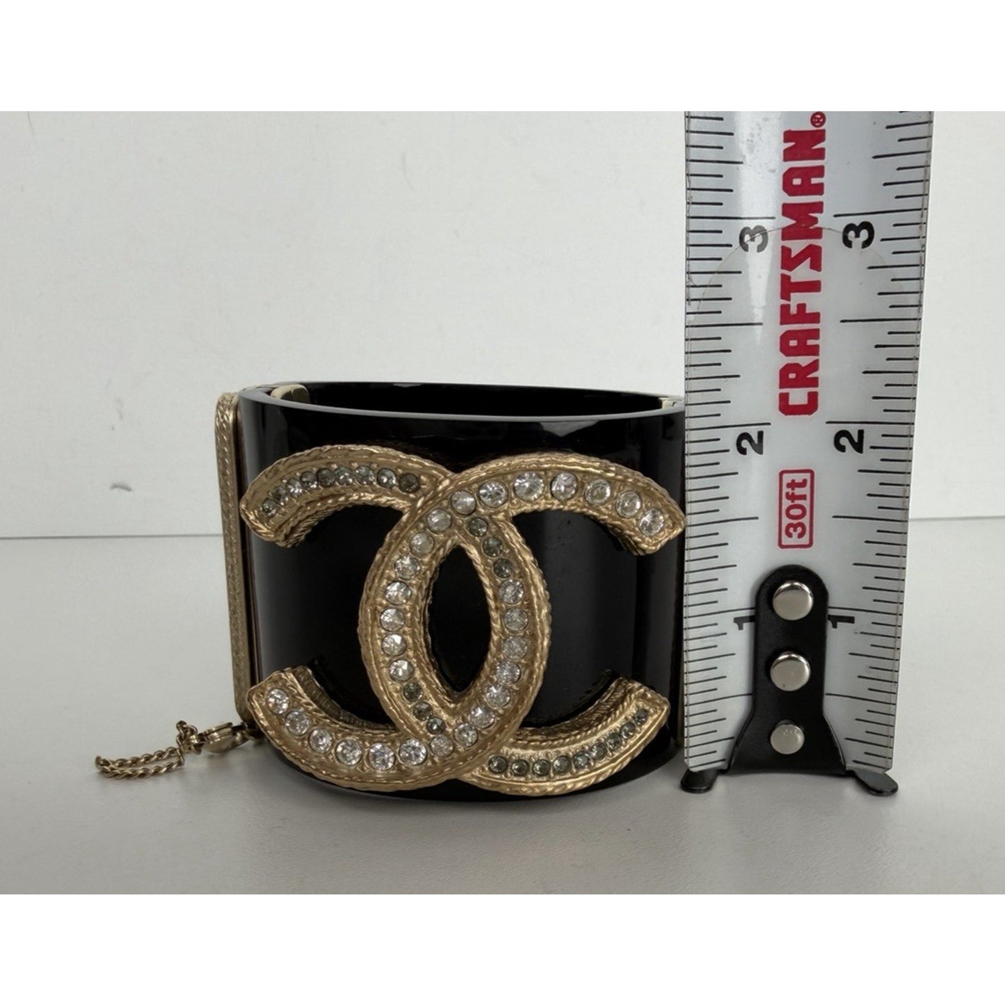 Chanel Resin & Crystal CC Hinged Cuff Wide Bracelet in Black & Gold