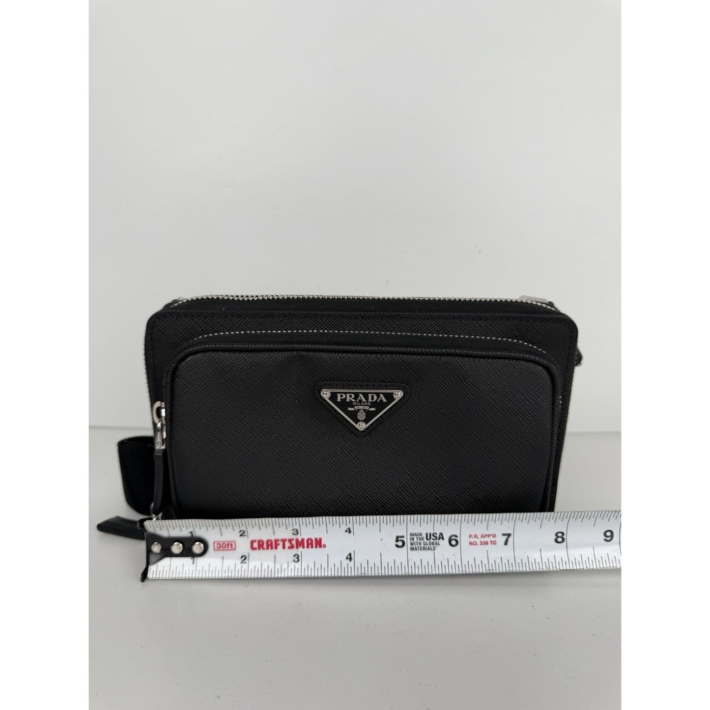 Prada Enameled Metal Triangle Logo Belt Bag in Black Saffiano Leather B-5