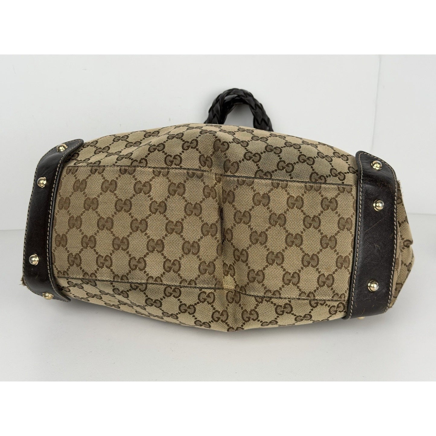 Gucci GG Pelham Shoulder Bag Canvas Braided Leather Handles & Gold Hardware S32