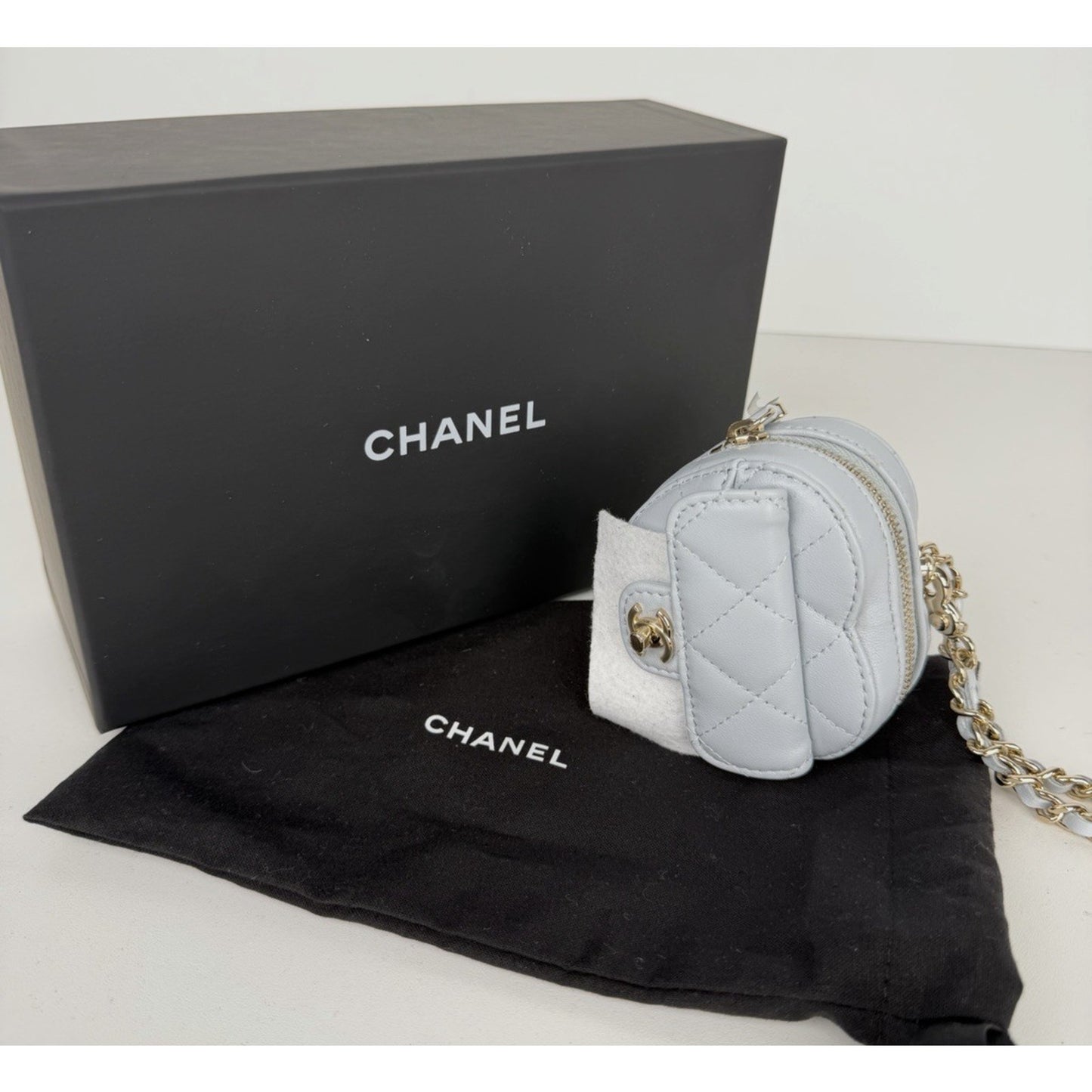 Chanel CC In Love Heart Mini Bag Charm in Light Blue Quilted Lambskin U-3