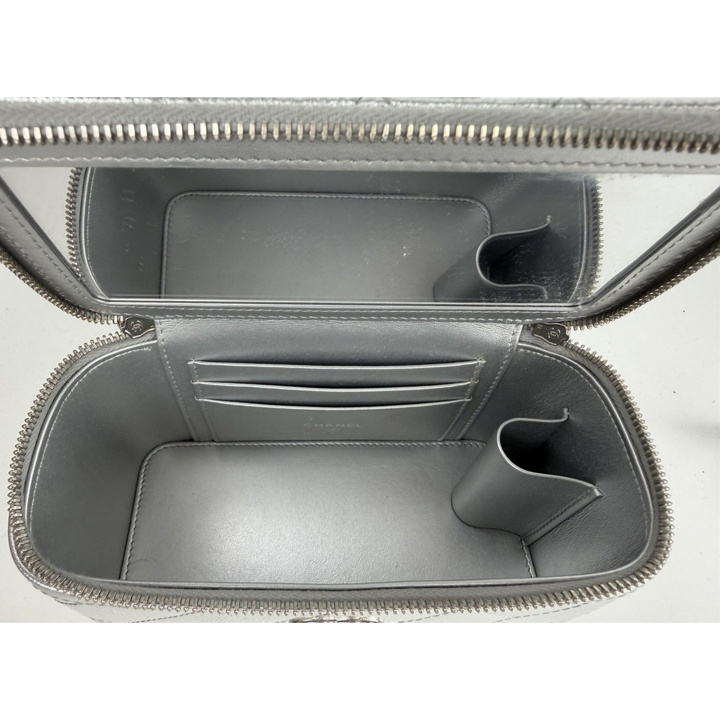 Chanel Slim Top Handle Vanity Case Bag in Metallic Silver Caviar Leather NFC B-5