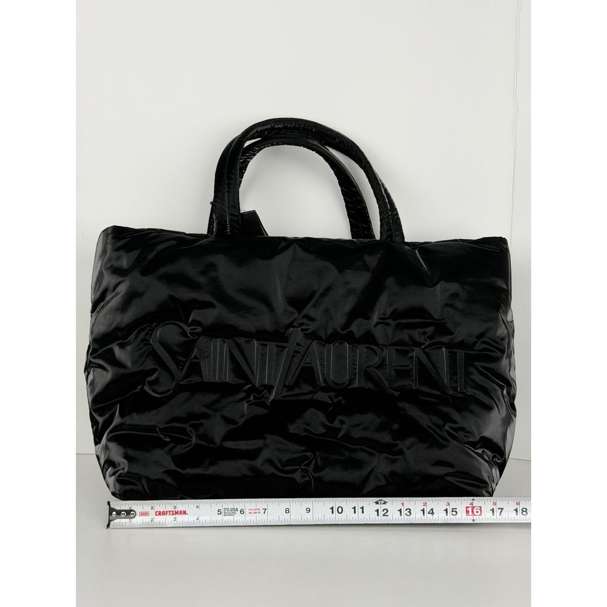 Saint Laurent Padded Tote Bag in Black Shiny Puffy Nylon with Embossed Logo C-6