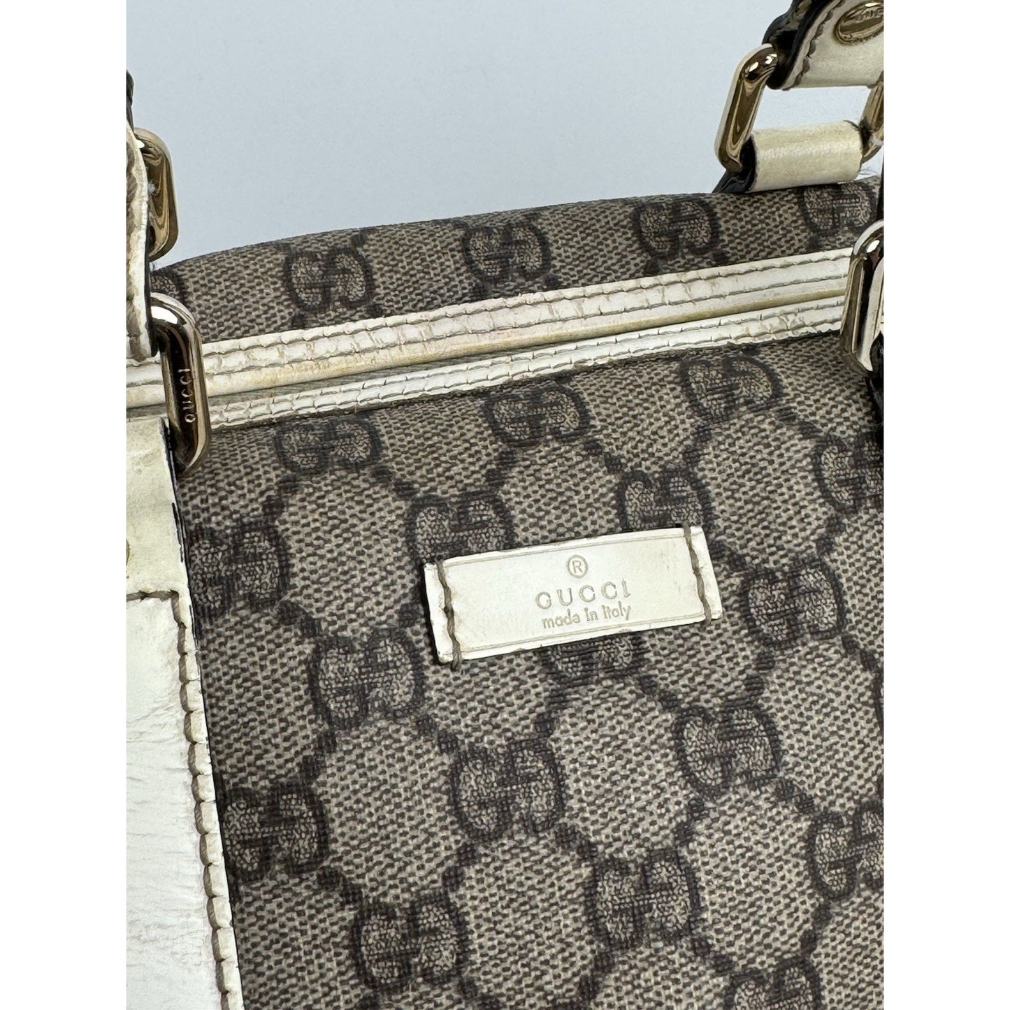 Gucci GG Supreme Medium Joy Boston Bag Brown Canvas White Leather Trim