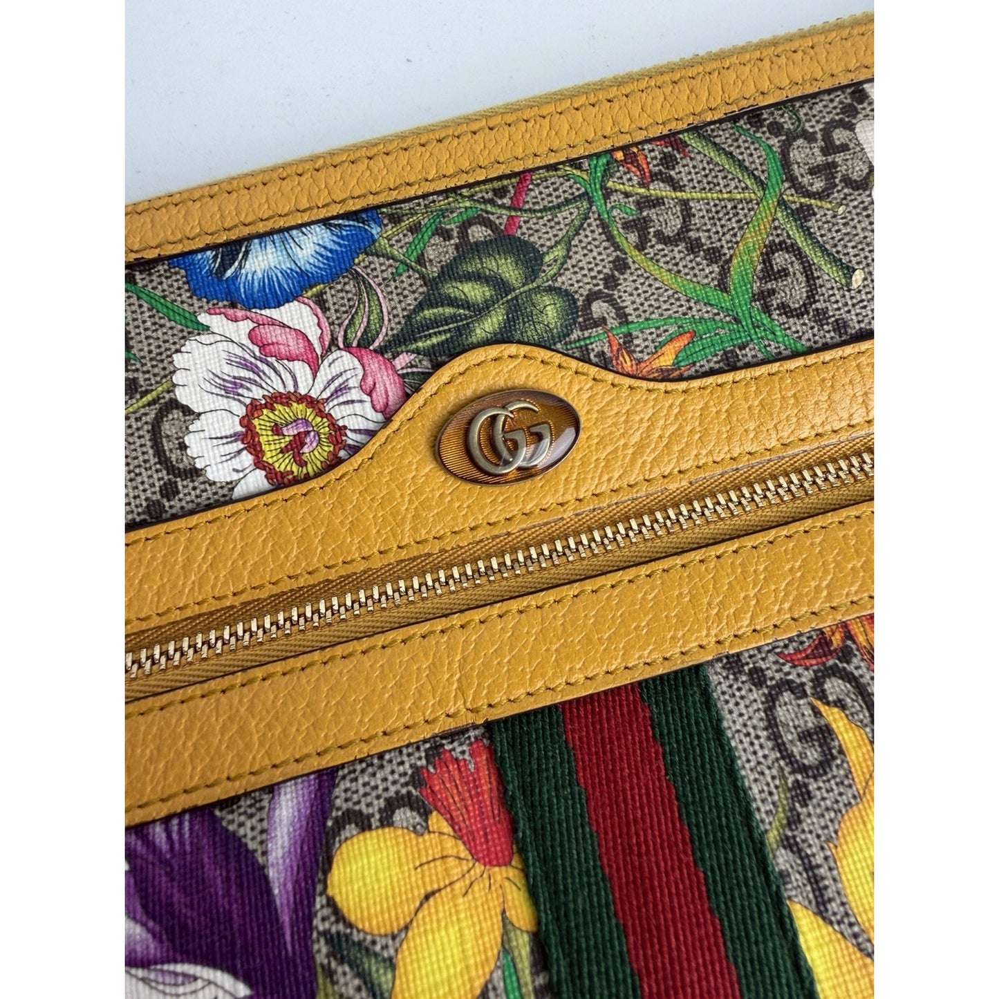 Gucci Large Ophidia Flora GG Pouch Bag in Canvas & Yellow Leather Trim S03