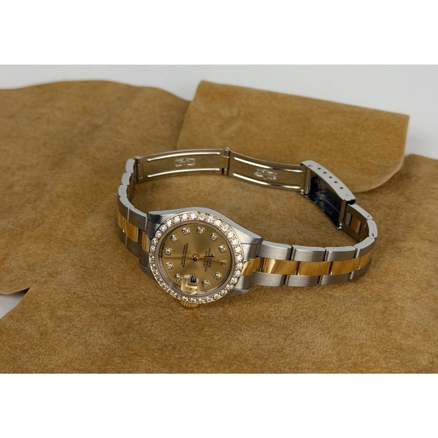 Rolex 69173 Ladies Datejust 18k Gold 26mm Diamond Dial with Custom Diamond Bezel
