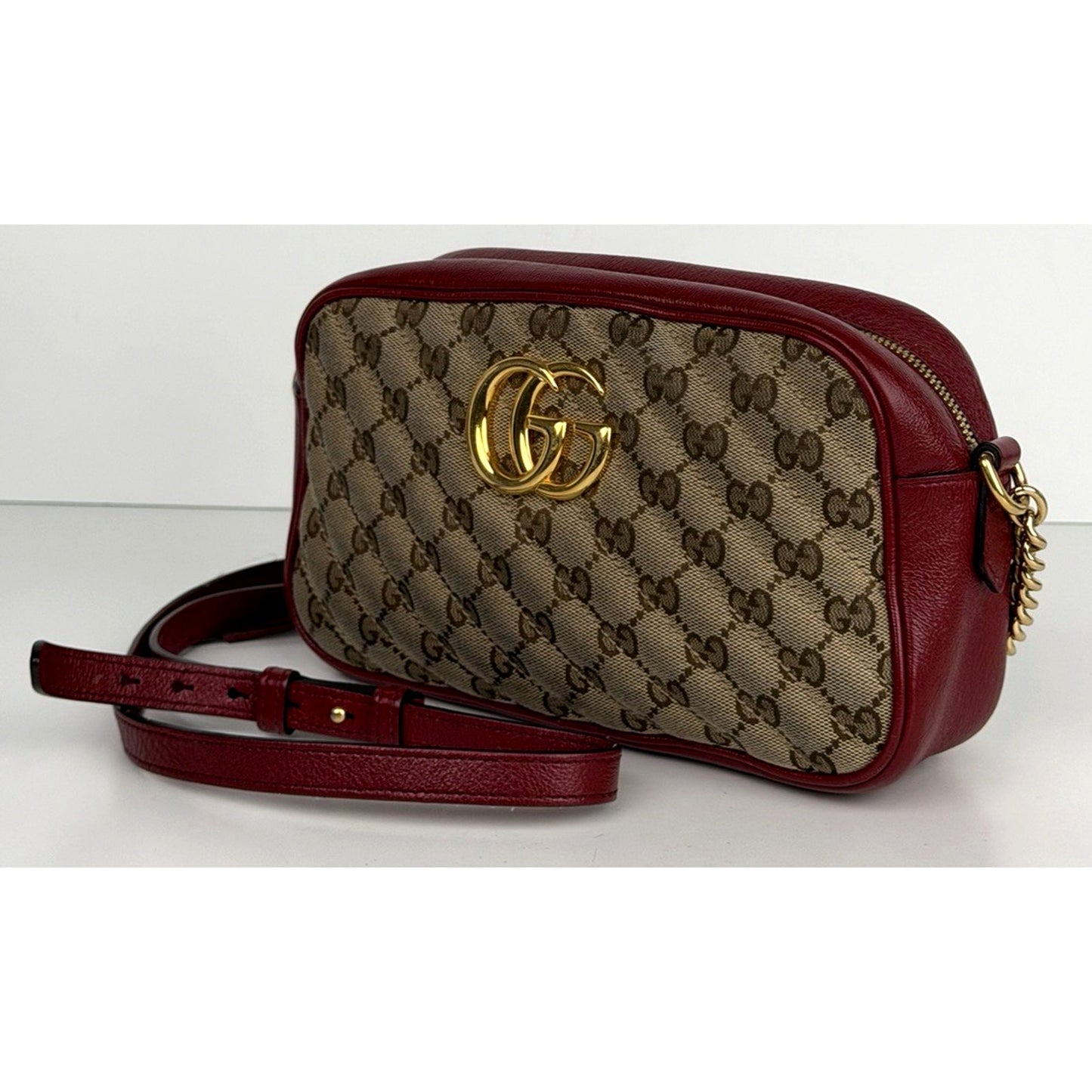 Gucci GG Marmont Camera Bag Small in Diagonal Quilted Canvas Leather Trim S09