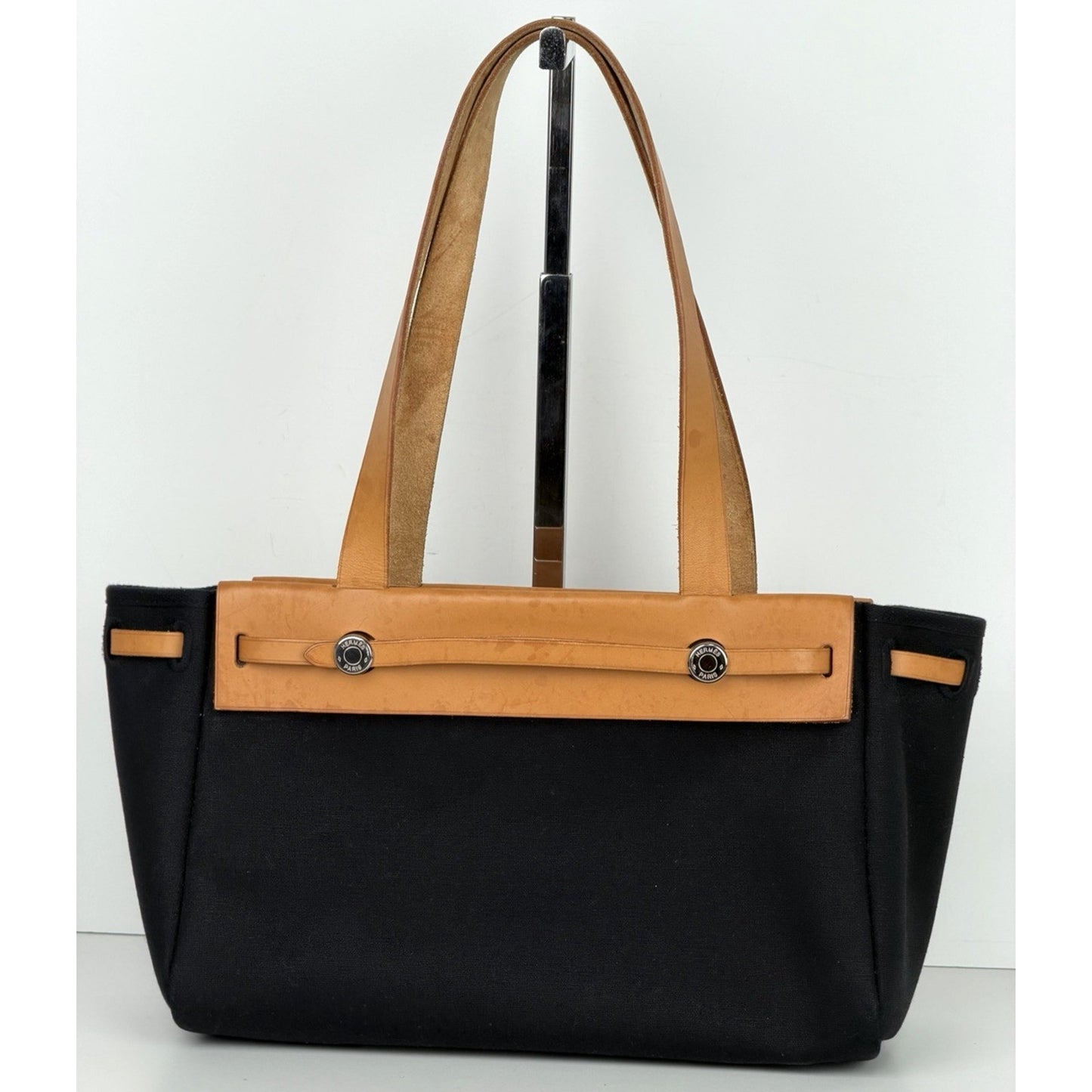 Hermes Herbag Toile Cabas Tote Bag PM in Black Canvas with Leather Trim 2004 S