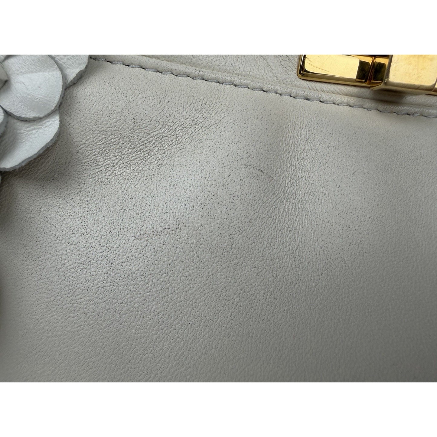 Fendi Nappa Rosebud Mini Peekaboo Iconic Satchel in White Lambskin Leather S09