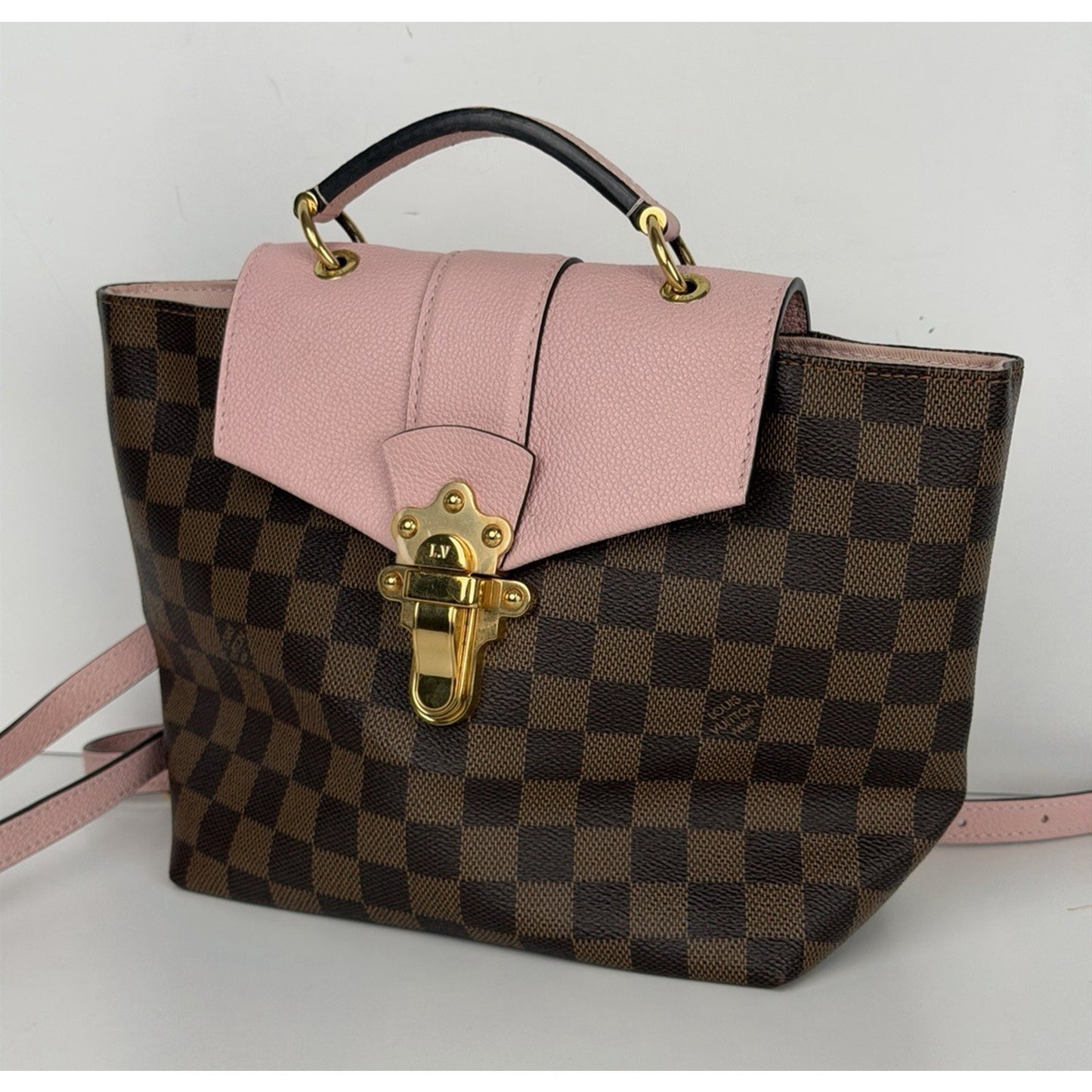 Louis Vuitton Clapton Backpack Damier Ebene Coated Canvas&Pink Leather Flap D8