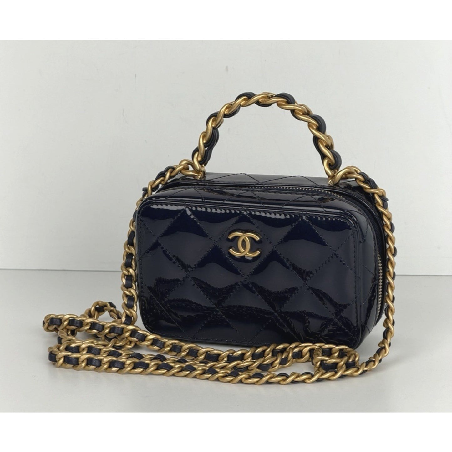 Chanel Woven Chain Top Handle Vanity Case Mini in Quilted Patent Leather NFC U3