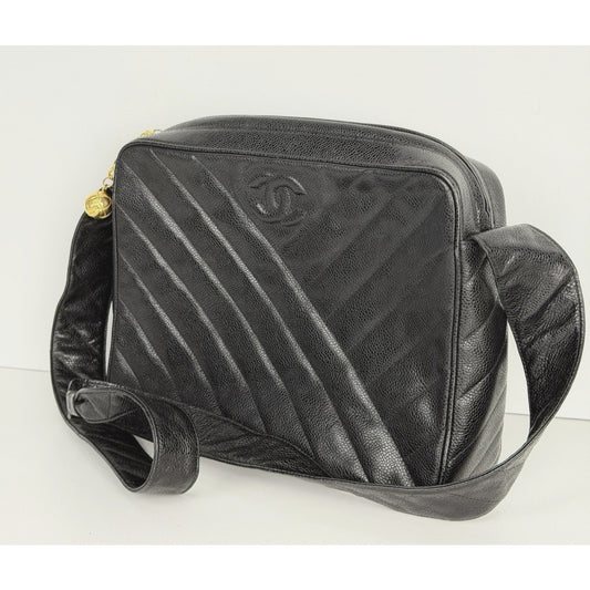 Chanel Chevron Caviar Camera Bag Large Vintage Black Quilted Leather 1991-1994 D8