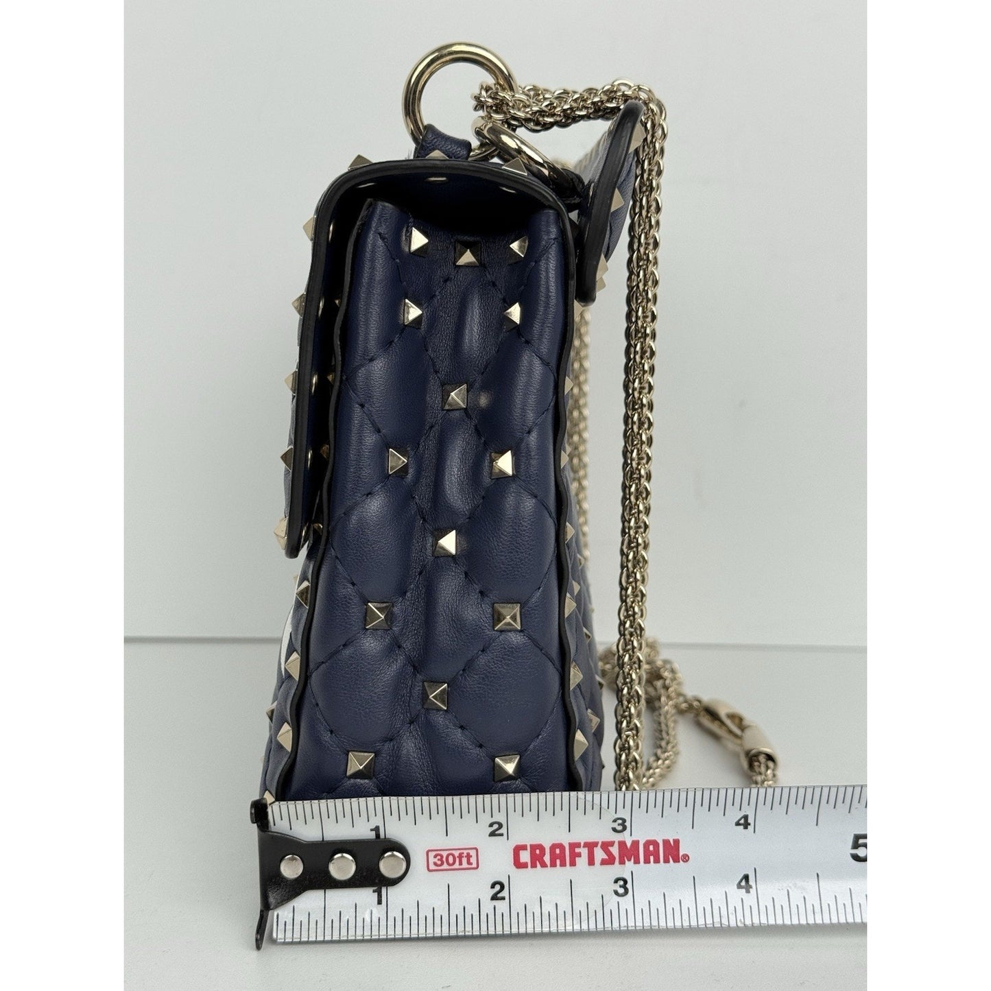 Valentino Garavani Nappa VLTN Print Medium Rockstud Spike Shoulder Bag Navy Blue