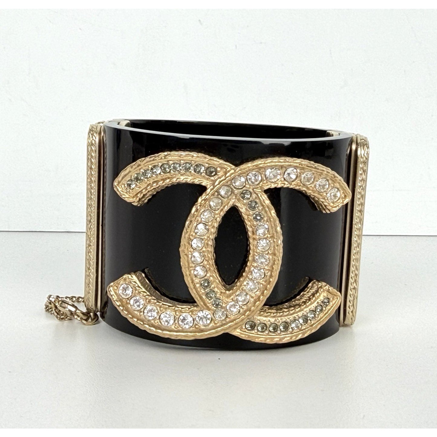 Chanel Resin & Crystal CC Hinged Cuff Wide Bracelet in Black & Gold