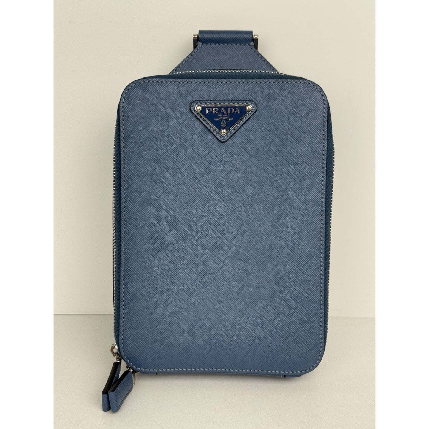 Prada Saffiano Leather Brique Crossbody Messenger Bag Bluette