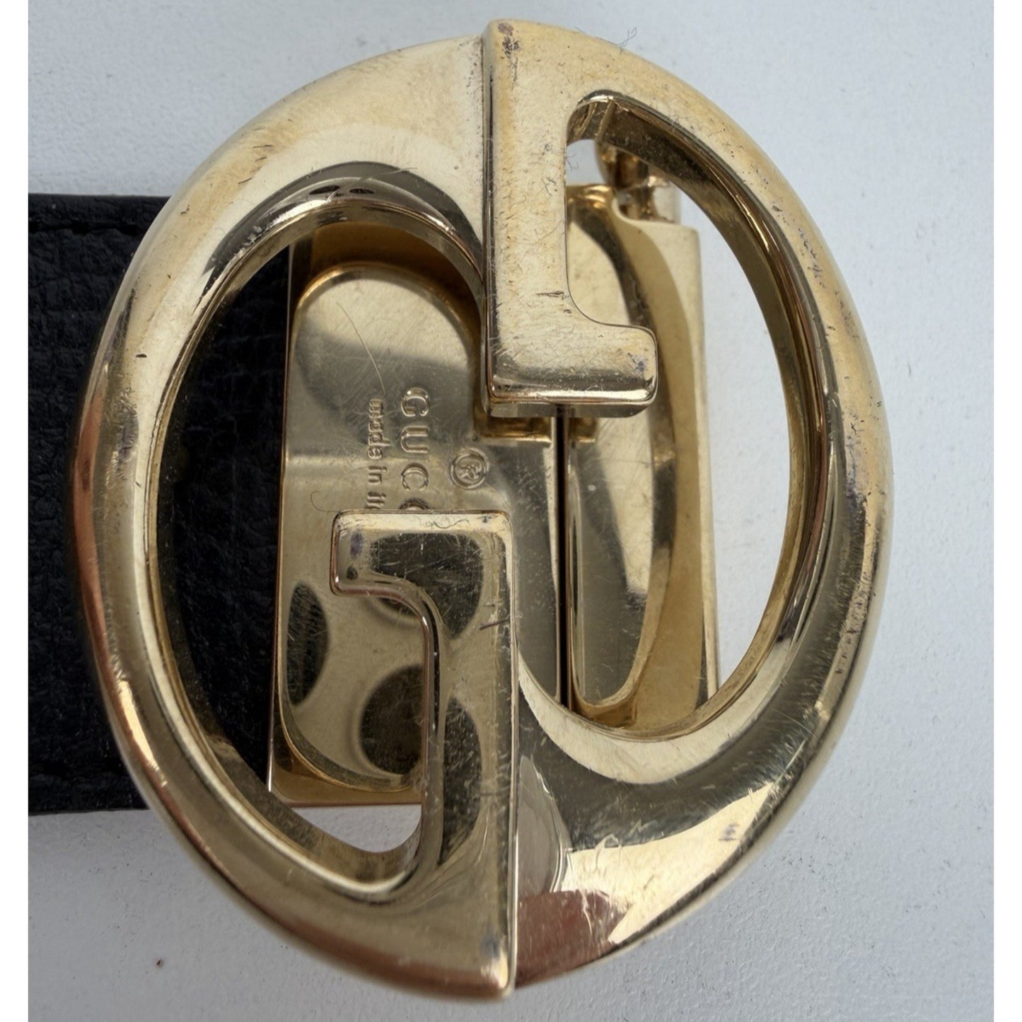 Gucci Reversible Leather Belt Textured Black Gold-Tone GG buckle 85/34 K1