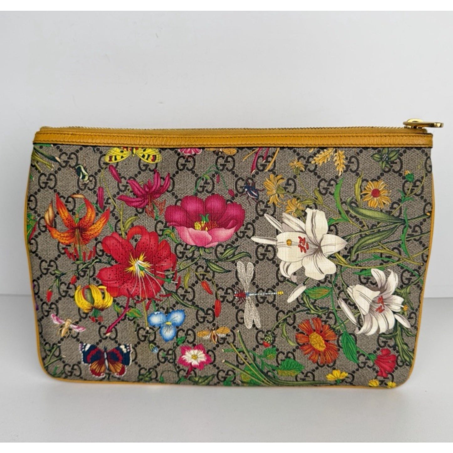 Gucci Large Ophidia Flora GG Pouch Bag in Canvas & Yellow Leather Trim S03