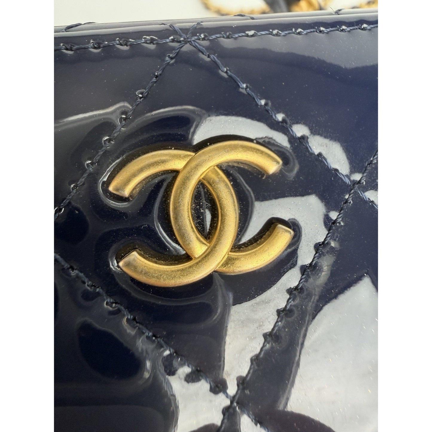 Chanel Woven Chain Top Handle Vanity Case Mini in Quilted Patent Leather NFC U3