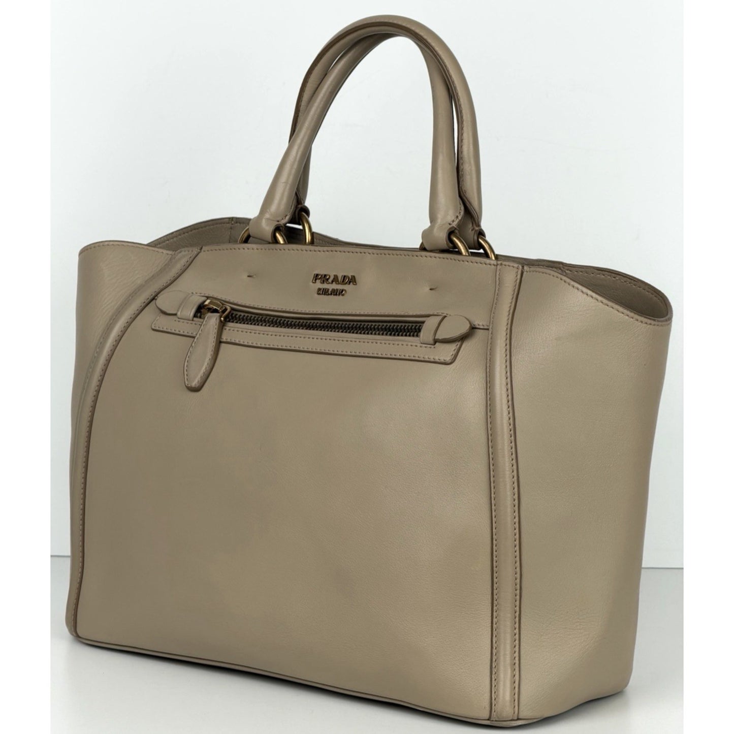 Prada Visone City Calf Leather Tote Bag Large Double Handle in Taupe S