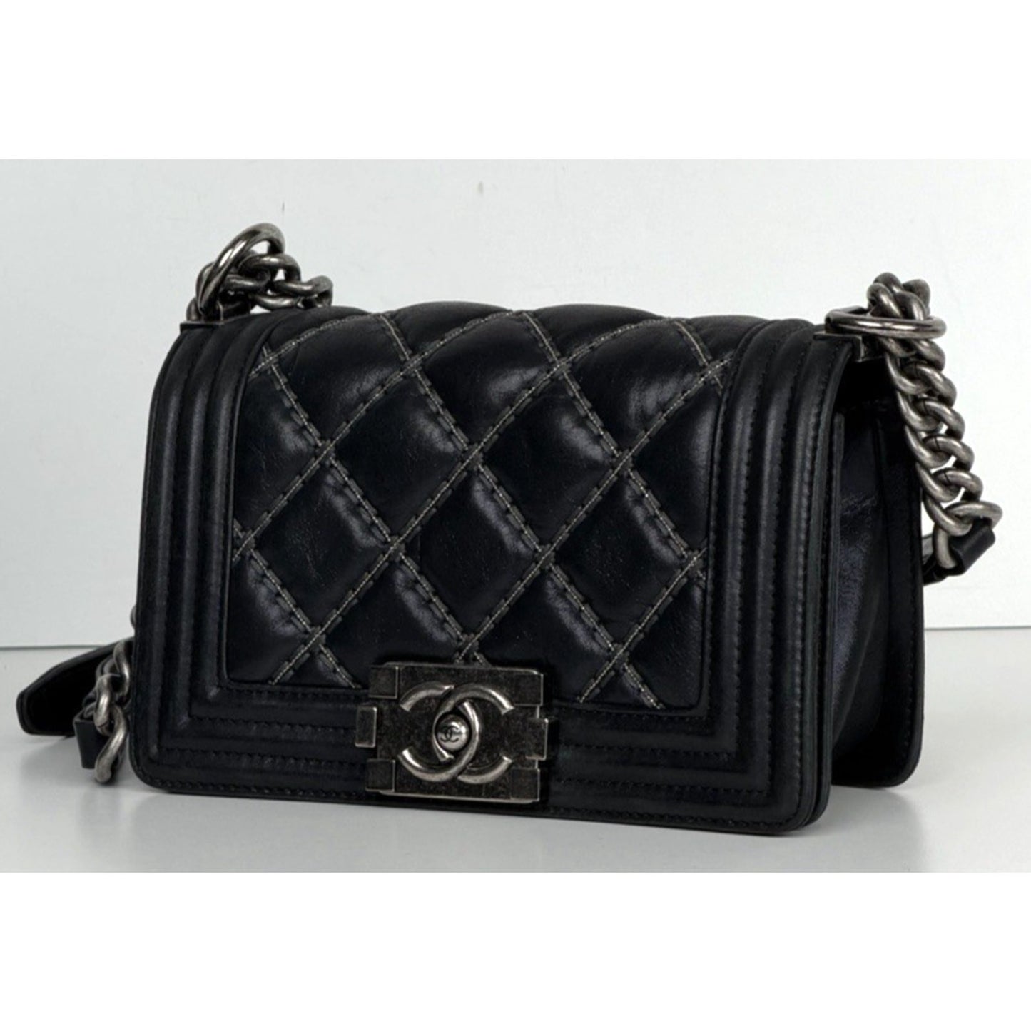 Chanel Boy Bag Small in Black Beaded Double Stitch with Gunmetal Chain 2017 E-3