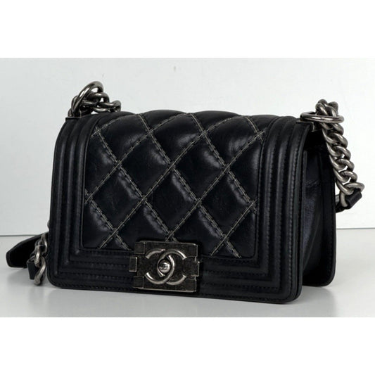 Chanel Boy Bag Small in Black Beaded Double Stitch with Gunmetal Chain 2017 E-3