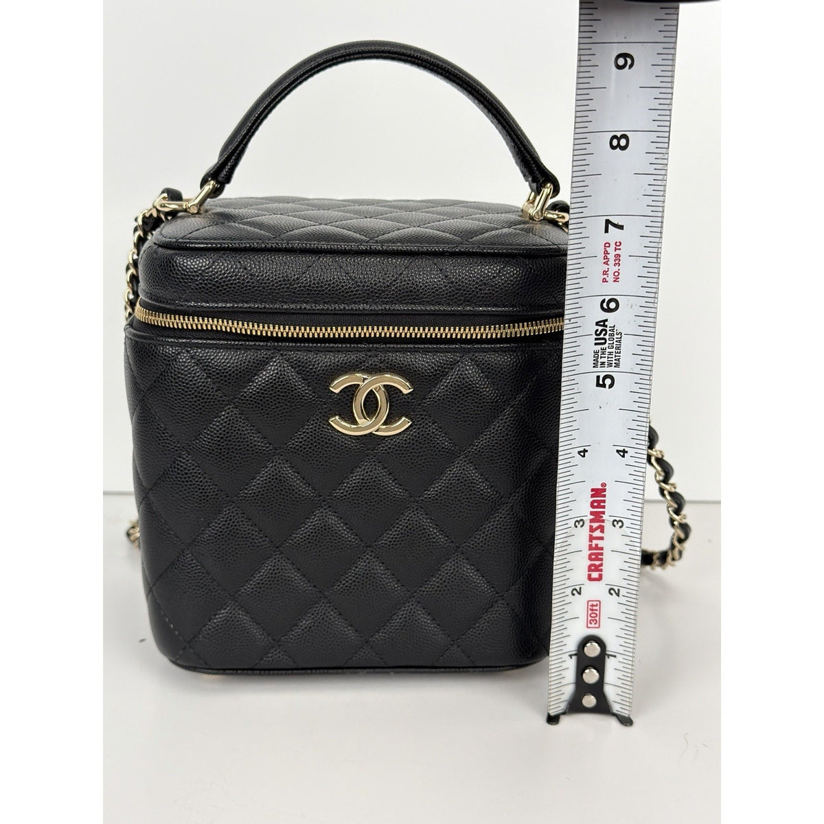 Chanel Vanity Case Top Handle Crossbody Bag Black Quilted Caviar Leather NFC F3