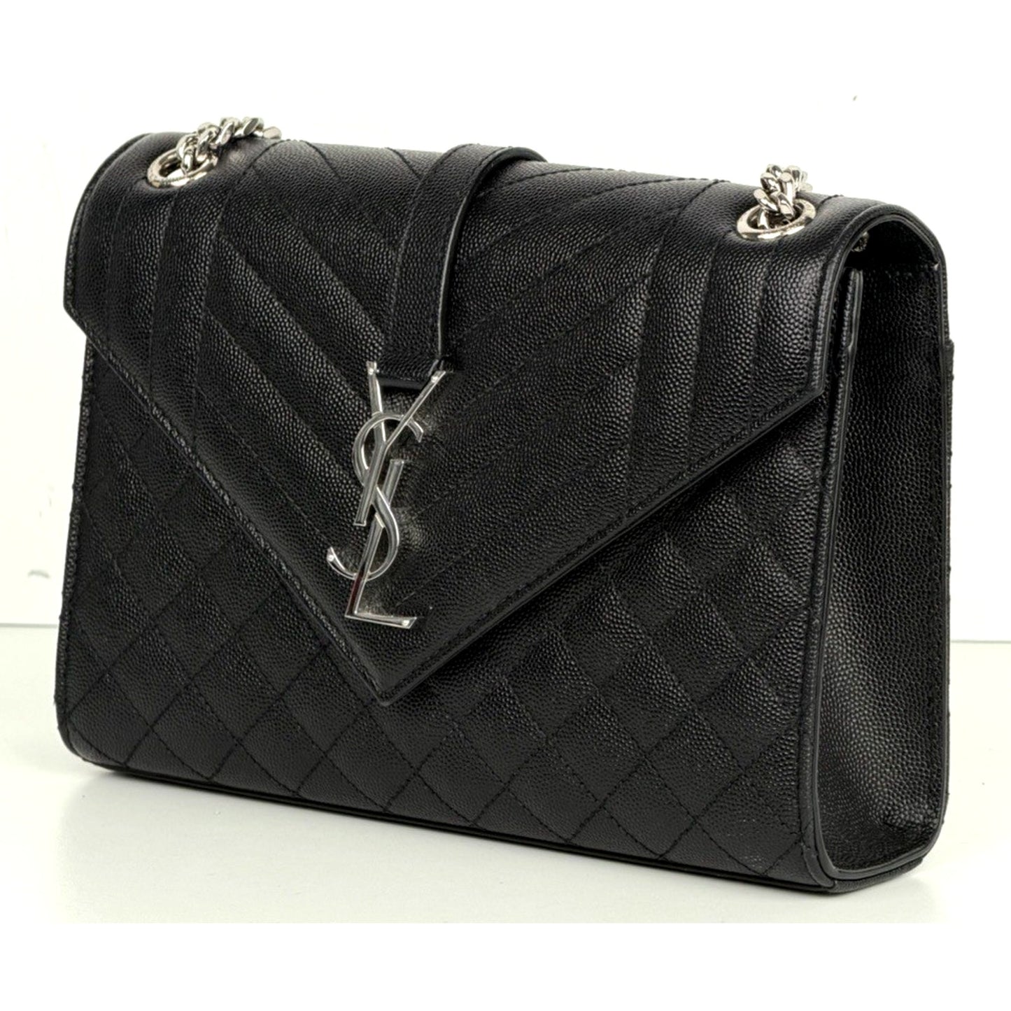 Saint Laurent Envelope Medium Chain Bag in Black Grain de Poudre Leather C6