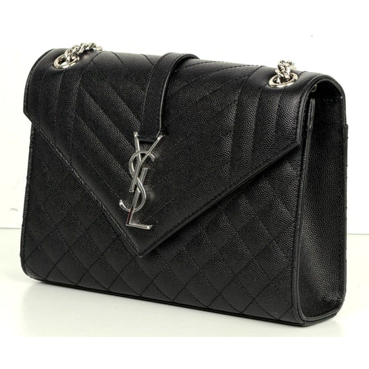 Saint Laurent Envelope Medium Chain Bag in Black Grain de Poudre Leather C6