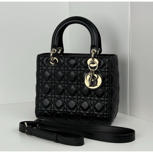 Dior Lady Medium Tote Shoulder Bag Black Leather