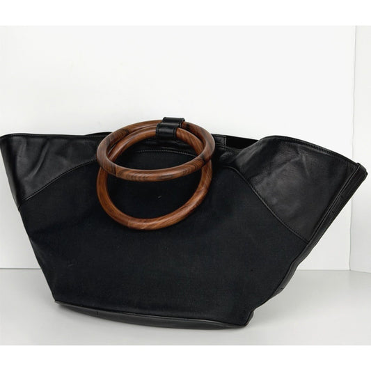 The Row Market Tote Bag in Black Canvas and Leather Trim with Wooden Handles S11