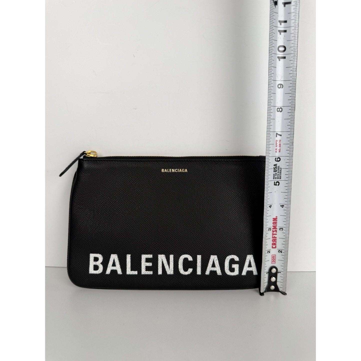 Balenciaga Ville Clutch Bag in Black Grained Leather with White Logo S-16