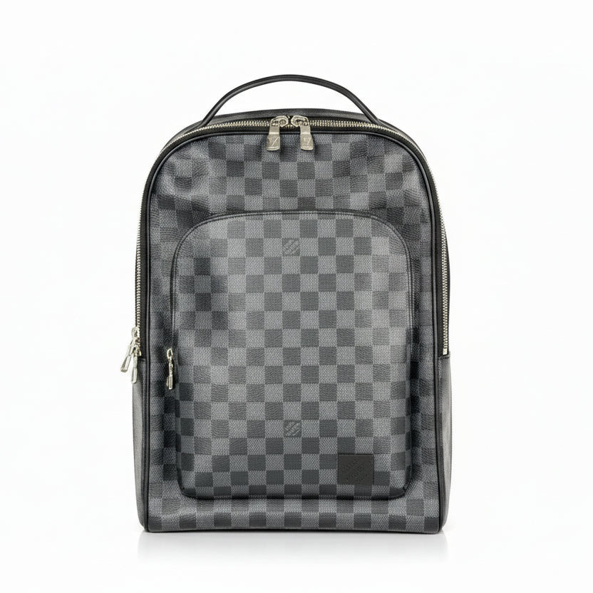 Gray checkered backpack on a white background