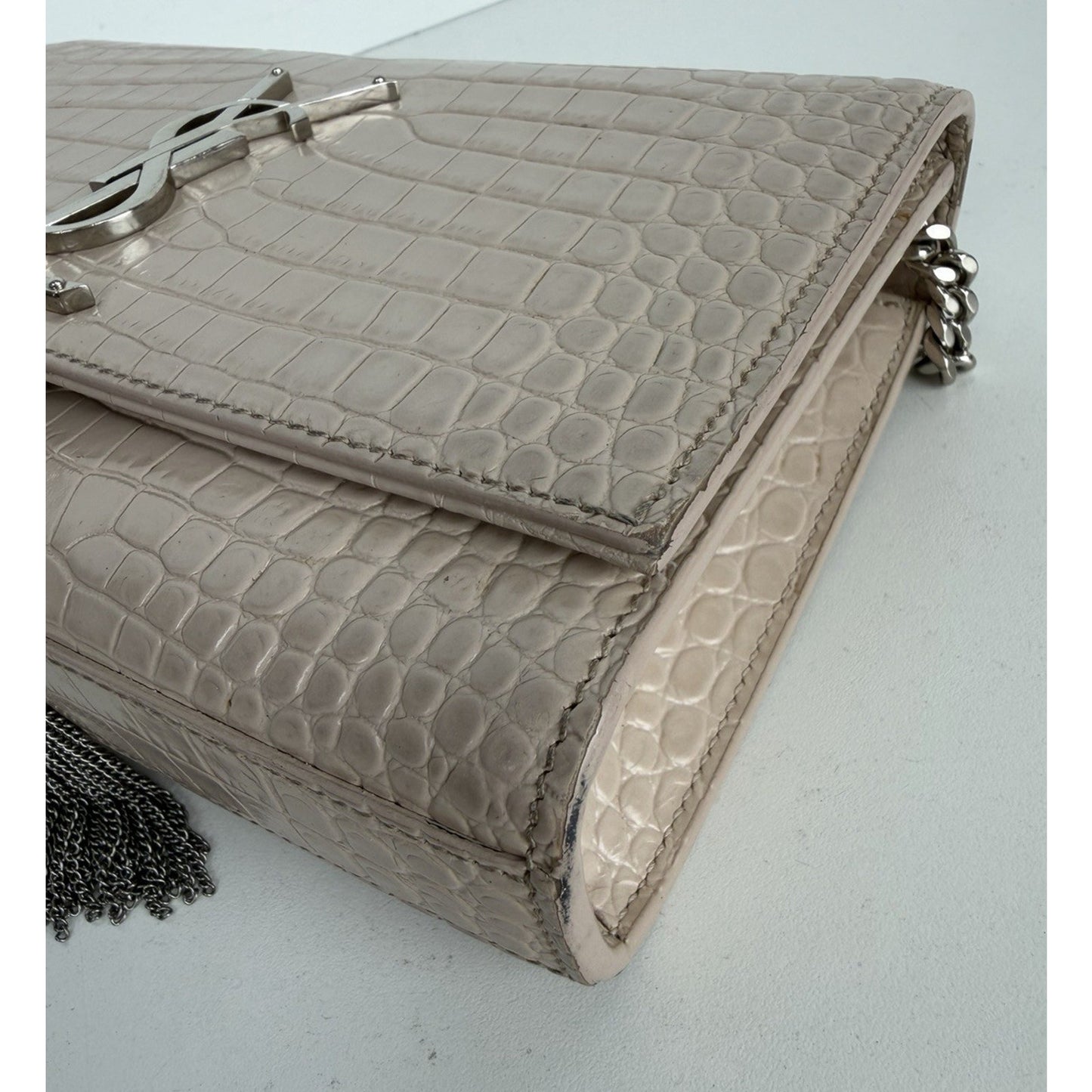 Saint Laurent Kate Monogram Tassel Bag Small Dusty Pink Croc-Embossed Leather S4