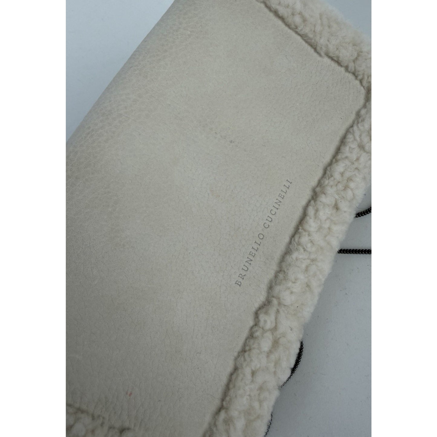 Brunello Cucinelli Shoulder Bag with Shearling Trim in Off-White Leather S15