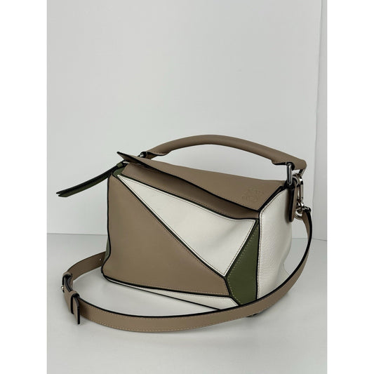 Loewe Puzzle Bag in Beige Green White Leather with Silver Hardware Shoulder Bag