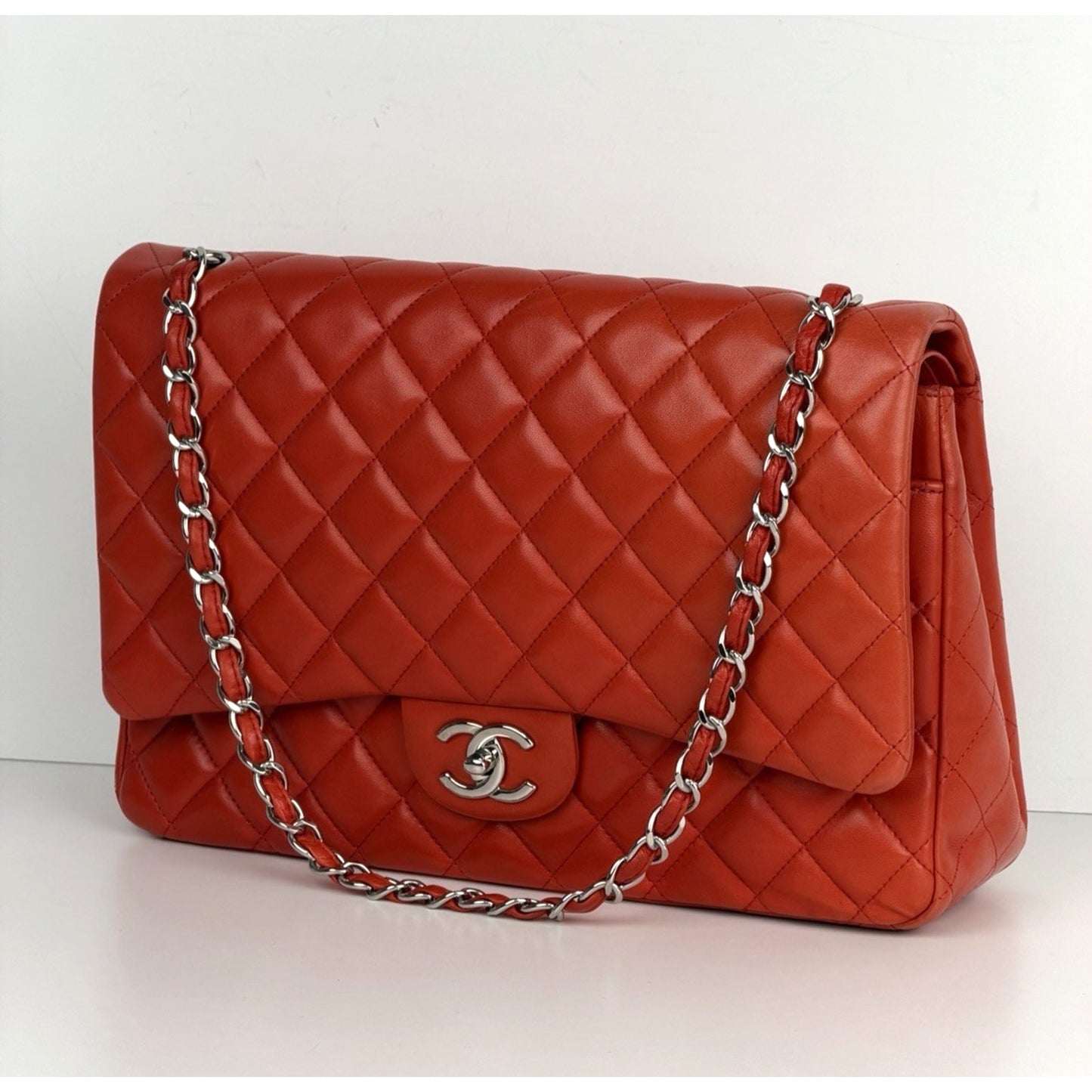 Chanel Classic Double Flap Maxi Bag in Orange Red Quilted Leather 2011 C8